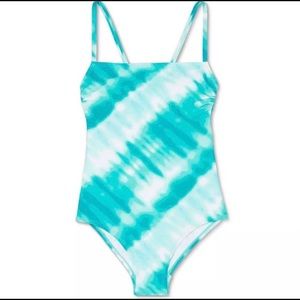 Women’s Straight Neck Aqua Tie-Dye One Piece Swimsuit